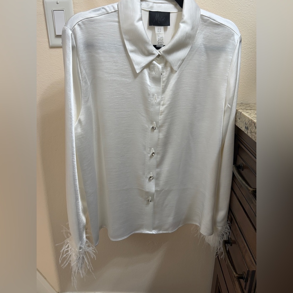 Muse White Satin Feather-Cuff Button-Up Blouse